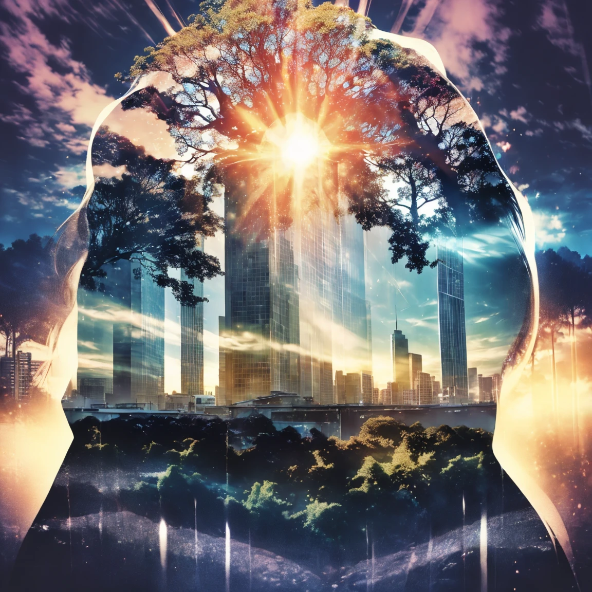 fotoRealstic、((Multiple super exposure effect where the background can be seen through clotheulher corpo inteiro)), com universo ao fundo, wonderful galaxy, view of planet Earth, looking at the immensity of the universe、crie uma linha de luz.