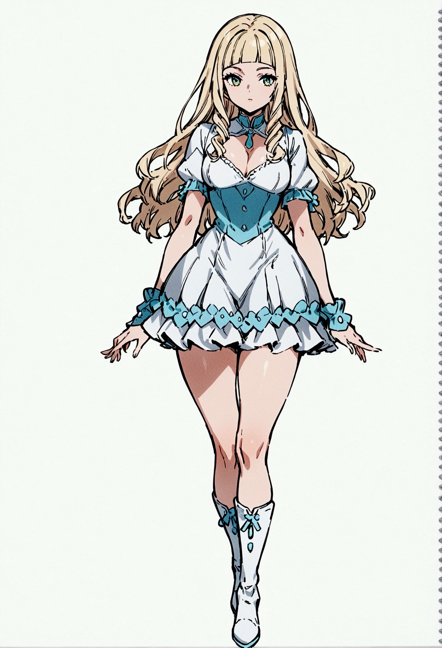 fullbody,masterpiece,standing,adult,1girl,solo,white background,standing straight, curls,blonde long hair,fringe bangs,white boots,light blue knee length frilled dress,flared skirt,short puffy sleeves,