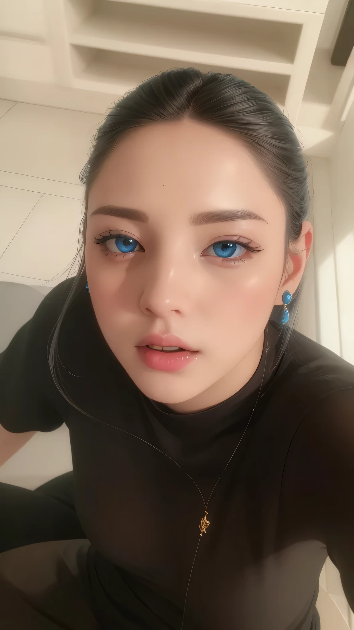 Beautiful big breastokeh), indoors, detailed luxury living room, gentle and charming beautiful goddess, Korean(kpop-idol), solo, necklace, oval face, double eyelids, smart, good hands, good feet, Natural, (from below angle), (glossy skin:1.05), ((low angle)), Perfect figure, (64k, UHD, RAW photo, best quality, masterpiece:1.4), (realistic, photo-realistic:1.37), ultra high res, photon mapping, radiosity, physically-based rendering, professional soft lighting, bright blue eyes, purpel hair