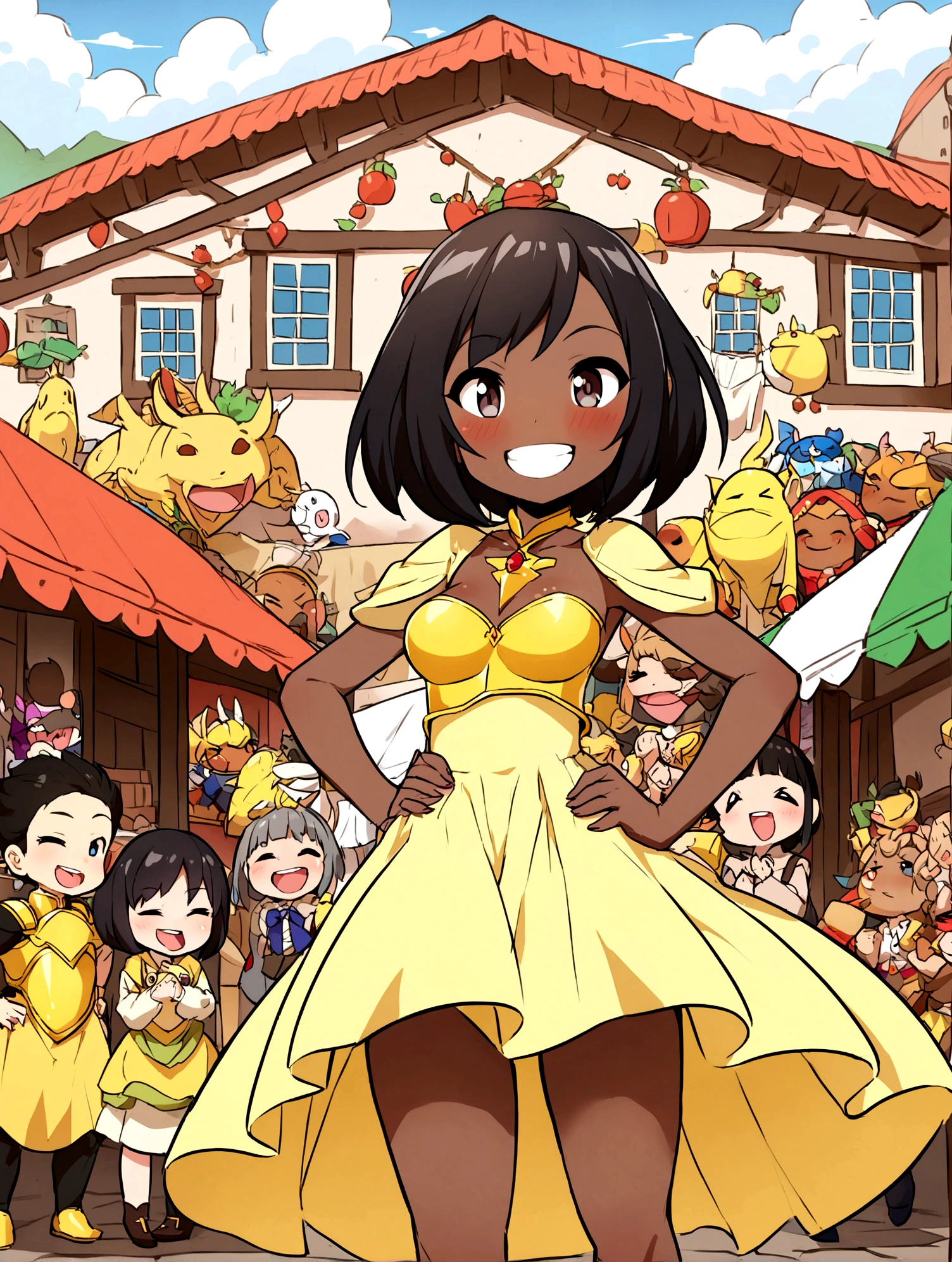 Anime Style、Cheerful girl、Brown skin、RPG Game Characters、Yellow Armor、Yellow long skirt、Armament、Black Hair、short hair、Naughty、Mischievous、Smiling with teeth showing、Hands on hips、Hall々Stand with、Village Background、Bright atmosphere、Bustling market