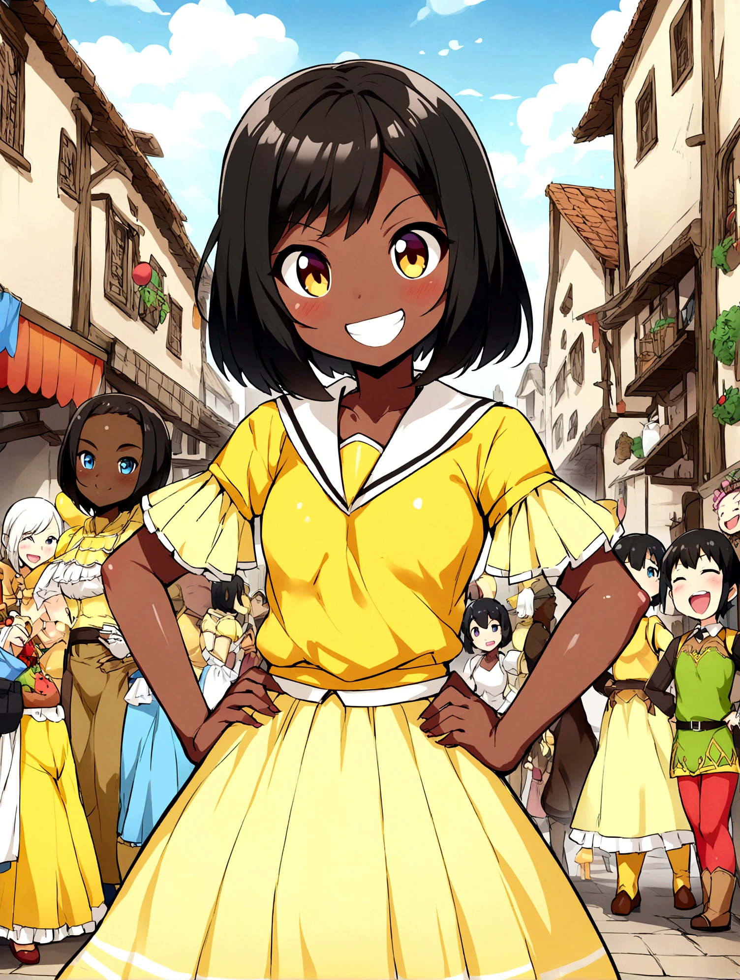 Anime Style、Cheerful girl、Brown skin、RPG Game Characters、Yellow Armor、Yellow long skirt、Armament、Black Hair、short hair、Naughty、Mischievous、Smiling with teeth showing、Hands on hips、Hall々Stand with、Village Background、Bright atmosphere、Bustling market