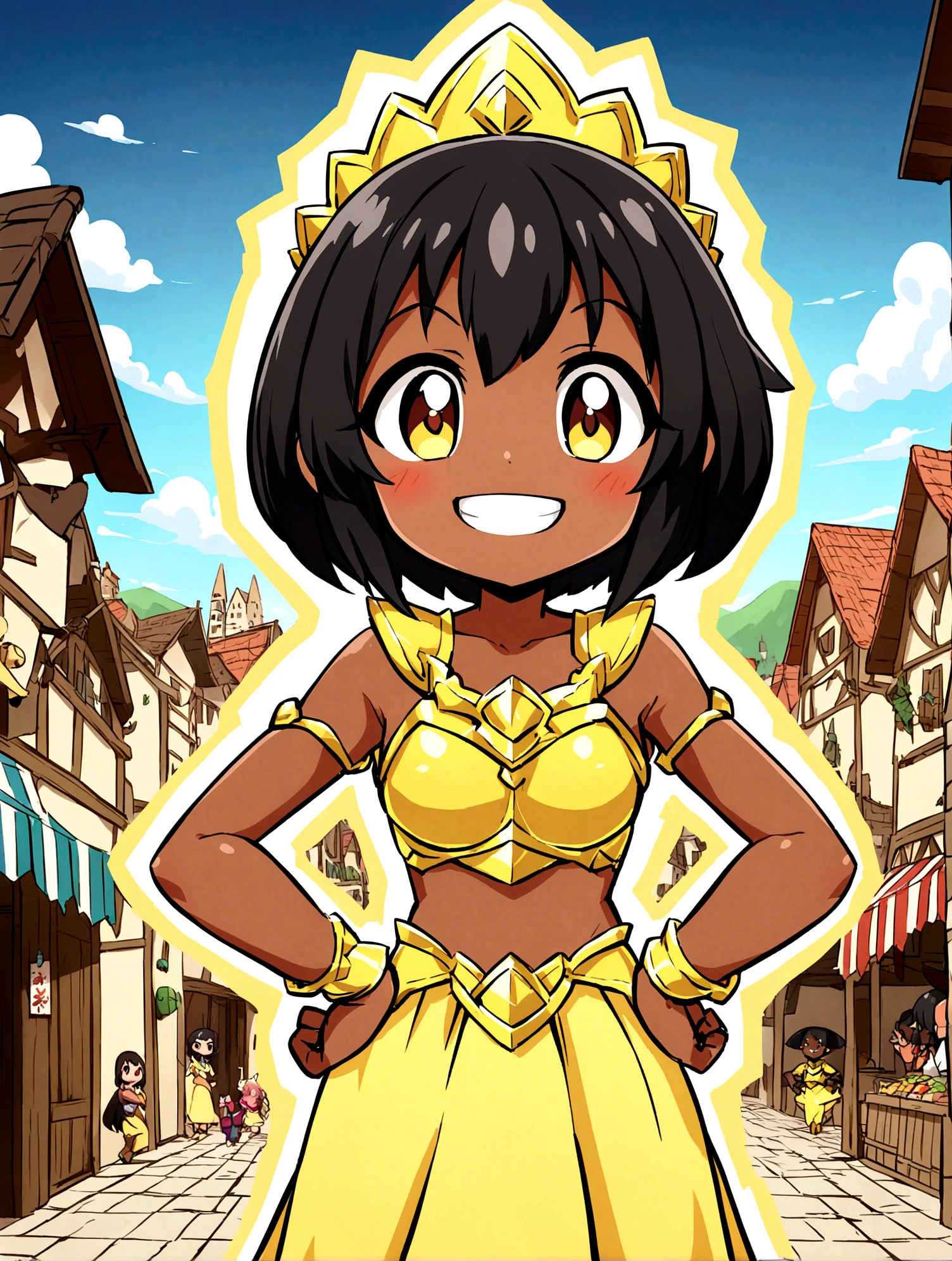 Anime Style、Cheerful girl、Brown skin、RPG Game Characters、Yellow Armor、Yellow long skirt、Armament、Black Hair、short hair、Naughty、Mischievous、Smiling with teeth showing、Hands on hips、Hall々Stand with、Village Background、Bright atmosphere、Bustling market