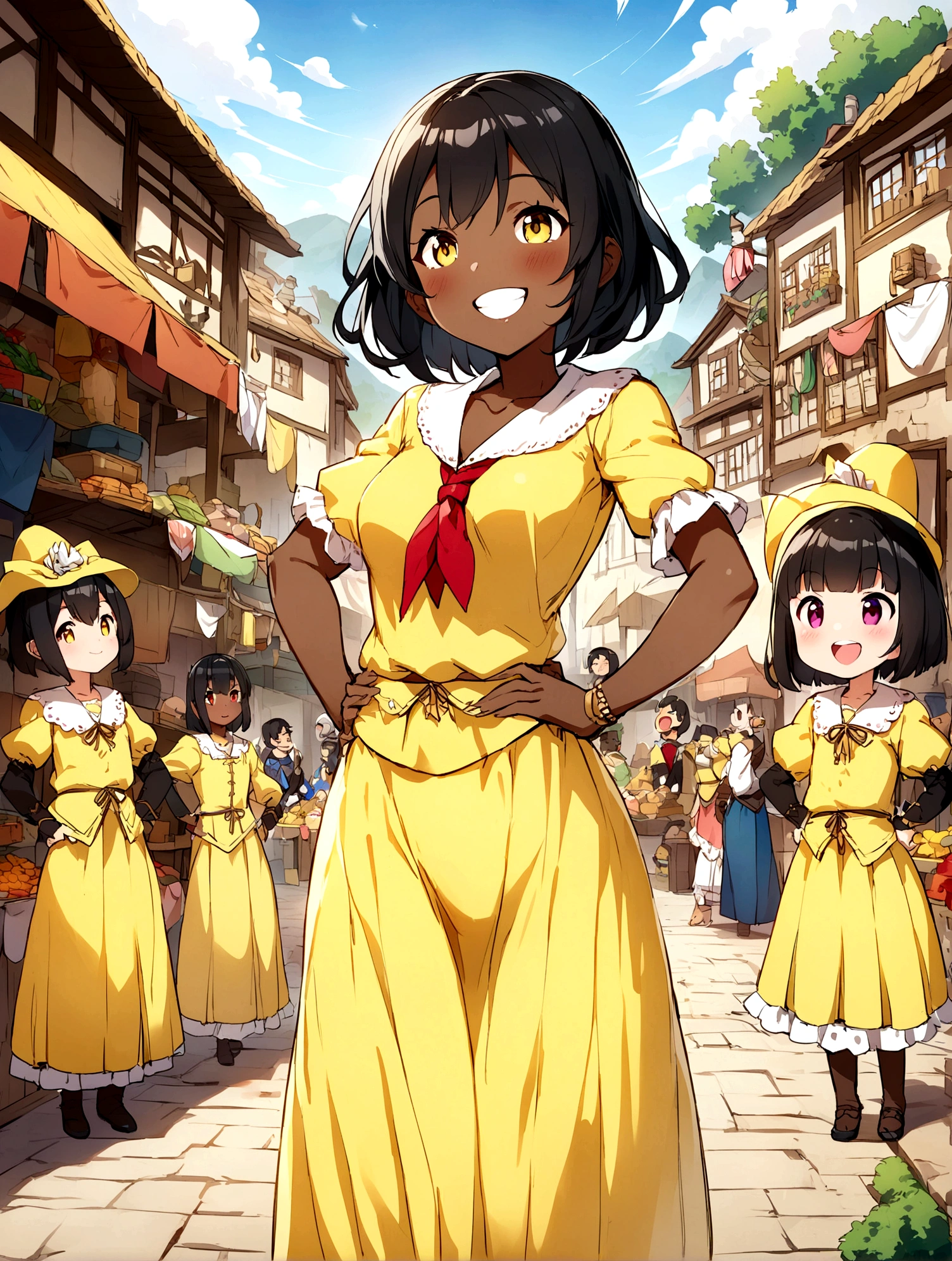 Anime Style、Cheerful girl、Brown skin、RPG Game Characters、Yellow Armor、Yellow long skirt、Armament、Black Hair、short hair、Naughty、Mischievous、Smiling with teeth showing、Hands on hips、Hall々Stand with、Village Background、Bright atmosphere、Bustling market
