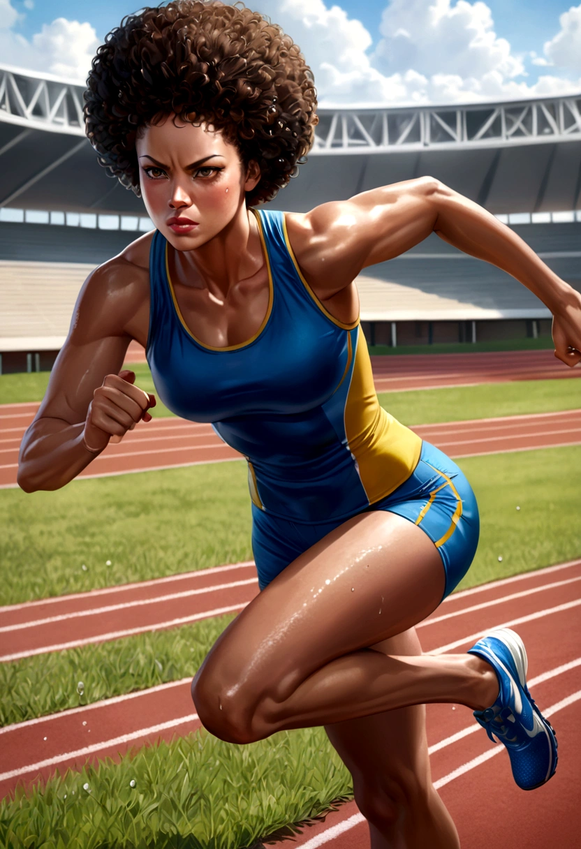 (8k, best quality, masterpiece:1.2), (realistic, photo-realistic:1.37), ultra-detailed, 1 female athlete, in action, dynamic pose, sports field, track, sweat, muscle tone, short hair (afro style:1.2), strong jawline, athletic body, perfectly toned, running shoes, detailed sports uniform with team colors, detail in sweat droplets, determined face, focused eyes, pursed lips, high-level image quality, masterpiece, Best Quality.