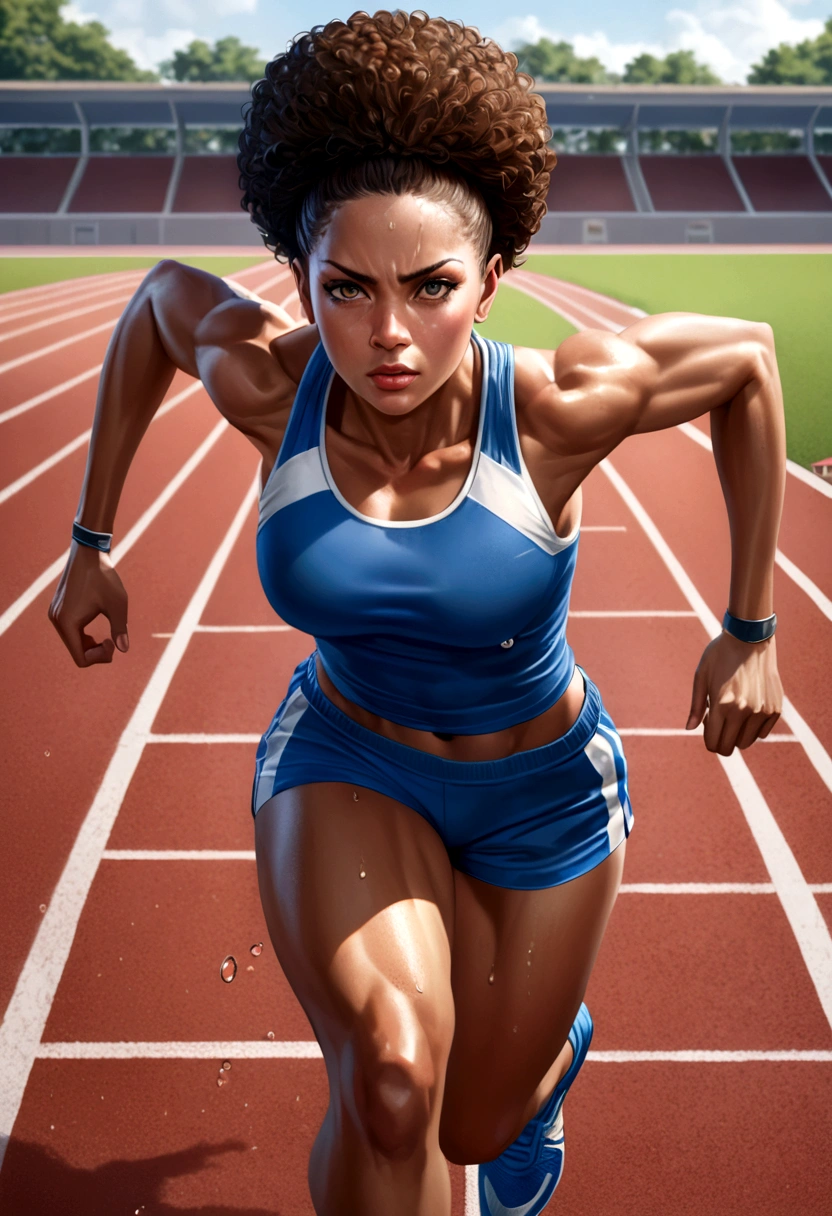 (8k, best quality, masterpiece:1.2), (realistic, photo-realistic:1.37), ultra-detailed, 1 female athlete, in action, dynamic pose, sports field, track, sweat, muscle tone, short hair (afro style:1.2), strong jawline, athletic body, perfectly toned, running shoes, detailed sports uniform with team colors, detail in sweat droplets, determined face, focused eyes, pursed lips, high-level image quality, masterpiece, Best Quality.