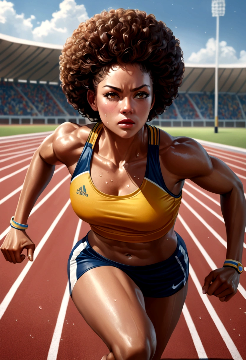 (8k, best quality, masterpiece:1.2), (realistic, photo-realistic:1.37), ultra-detailed, 1 female athlete, in action, dynamic pose, sports field, track, sweat, muscle tone, short hair (afro style:1.2), strong jawline, athletic body, perfectly toned, running shoes, detailed sports uniform with team colors, detail in sweat droplets, determined face, focused eyes, pursed lips, high-level image quality, masterpiece, Best Quality.