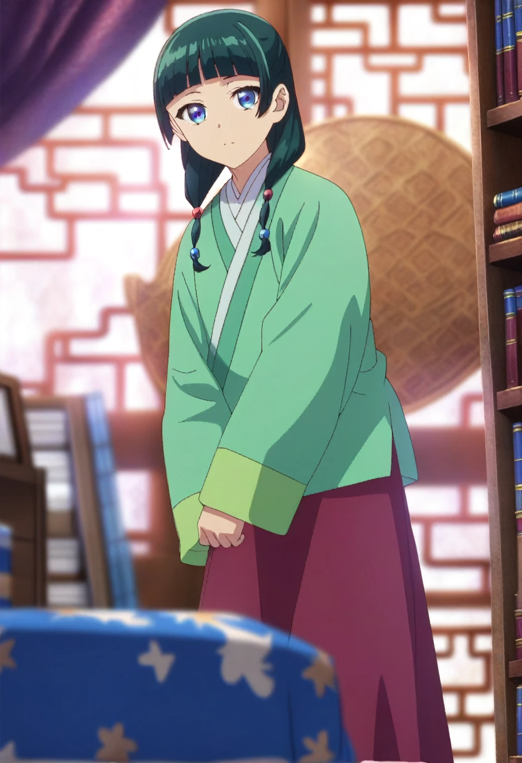 1girl, maomao, solo, green hair, long hair, blue eyes, BREAK
blurry foreground, bookshelf, closed mouth, depth of field, light green hanfu, default clothes, chinese clothes, long sleeves, wide sleeves, red hakama, default hairstyle, sidelocks, blunt bangs, hair beads, hair over shoulder, standing, low twintails, BREAK
score_9, score_8_up, score_7_up, score_6_up, anime, BREAK
(high quality, detailed, beautiful), shiny, detailed beautiful eyes, outstanding, countershading, detailed soft lighting