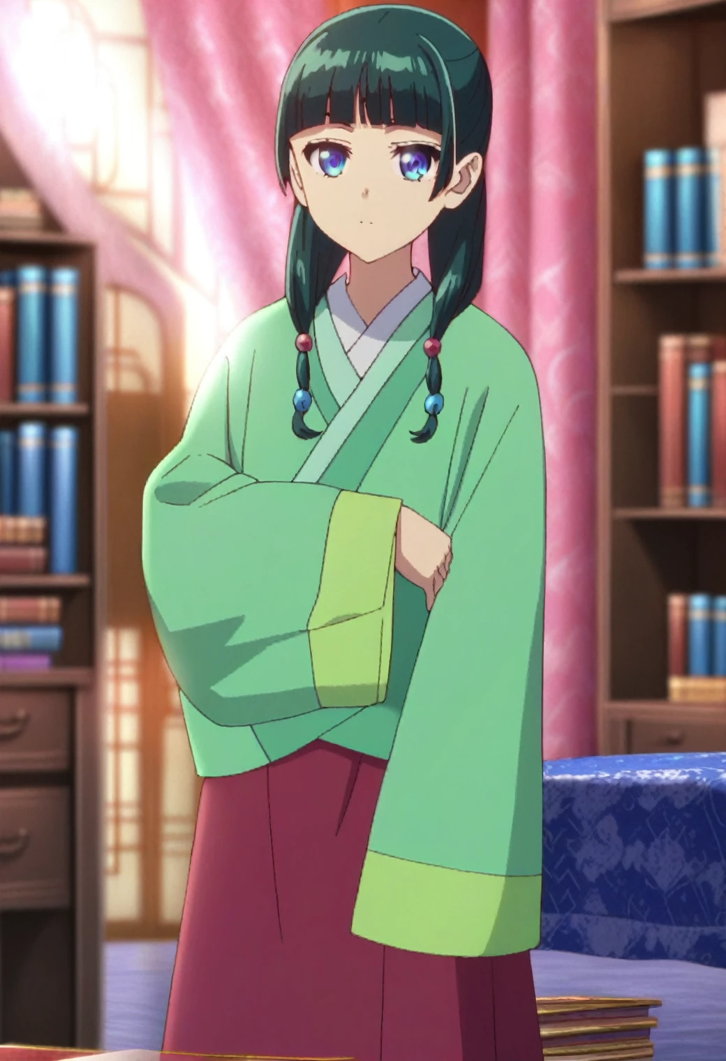 1girl, maomao, solo, green hair, long hair, blue eyes, BREAK
blurry foreground, bookshelf, closed mouth, depth of field, light green hanfu, default clothes, chinese clothes, long sleeves, wide sleeves, red hakama, default hairstyle, sidelocks, blunt bangs, hair beads, hair over shoulder, standing, low twintails, BREAK
score_9, score_8_up, score_7_up, score_6_up, anime, BREAK
(high quality, detailed, beautiful), shiny, detailed beautiful eyes, outstanding, countershading, detailed soft lighting