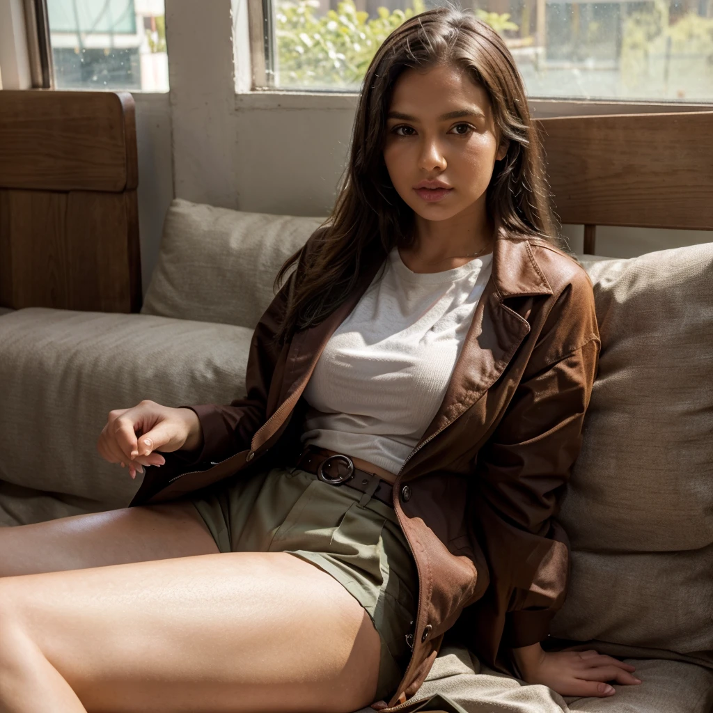 hot girl, big wearing a tshirt and waist coat, and short trouser. sitting elegantly for an instagram post. basket ball on one hand. Radio on the bench