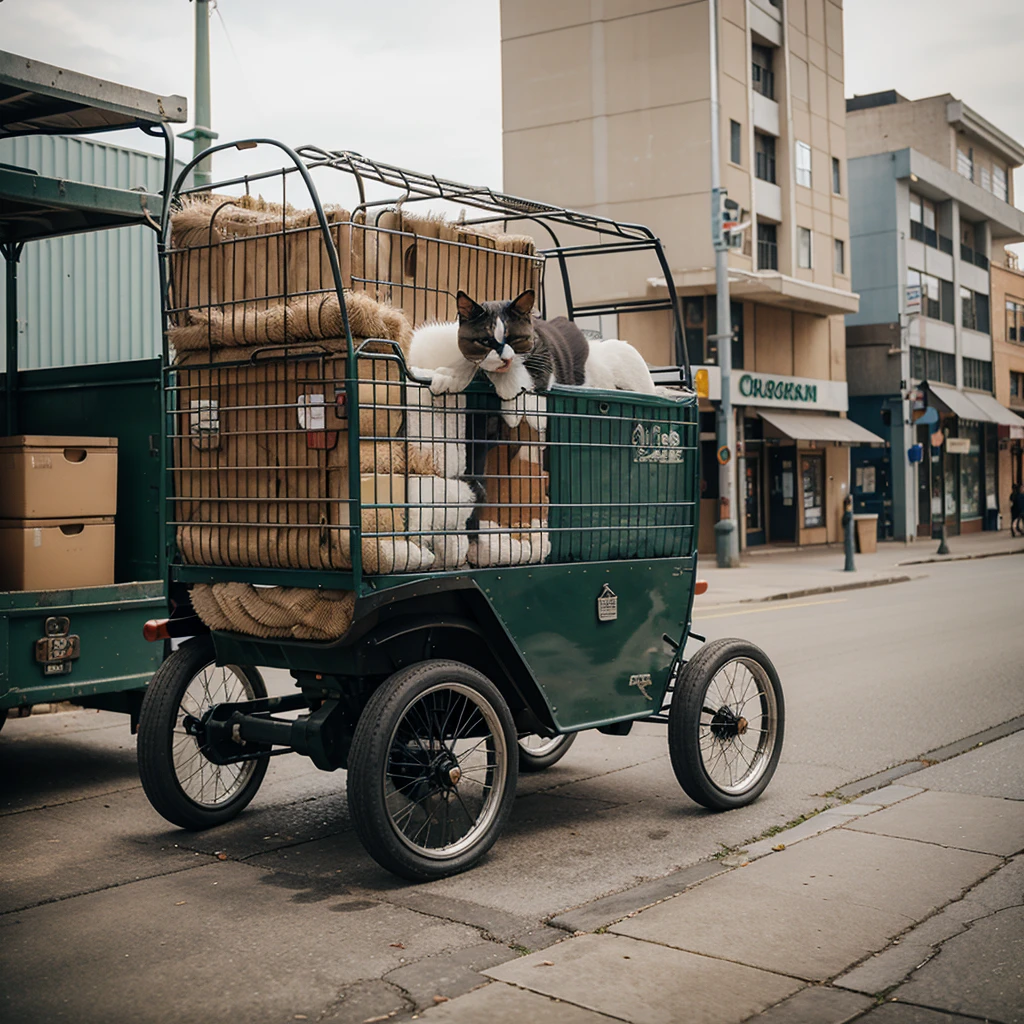 A kitten ran among the carts in town
