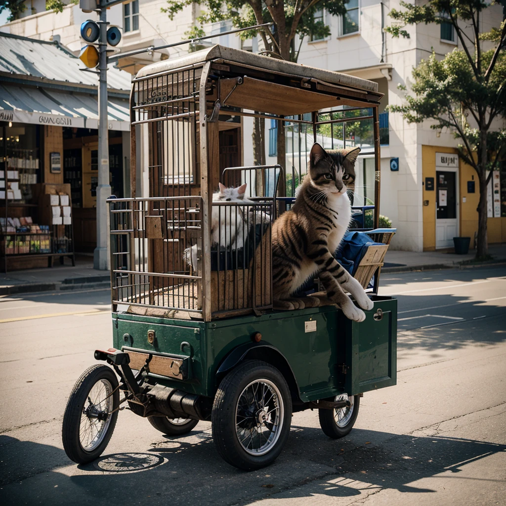 A kitten ran among the carts in town