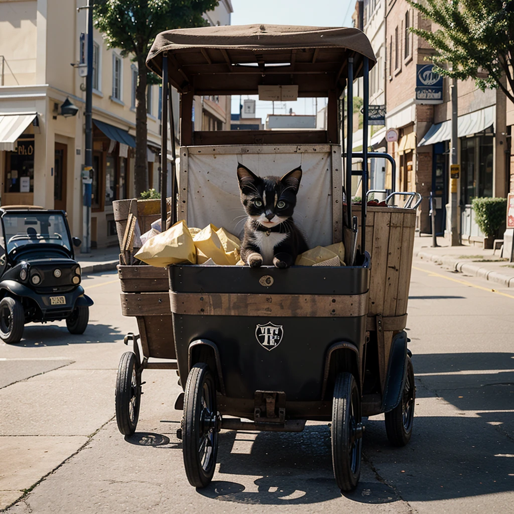 A kitten ran among the carts in town