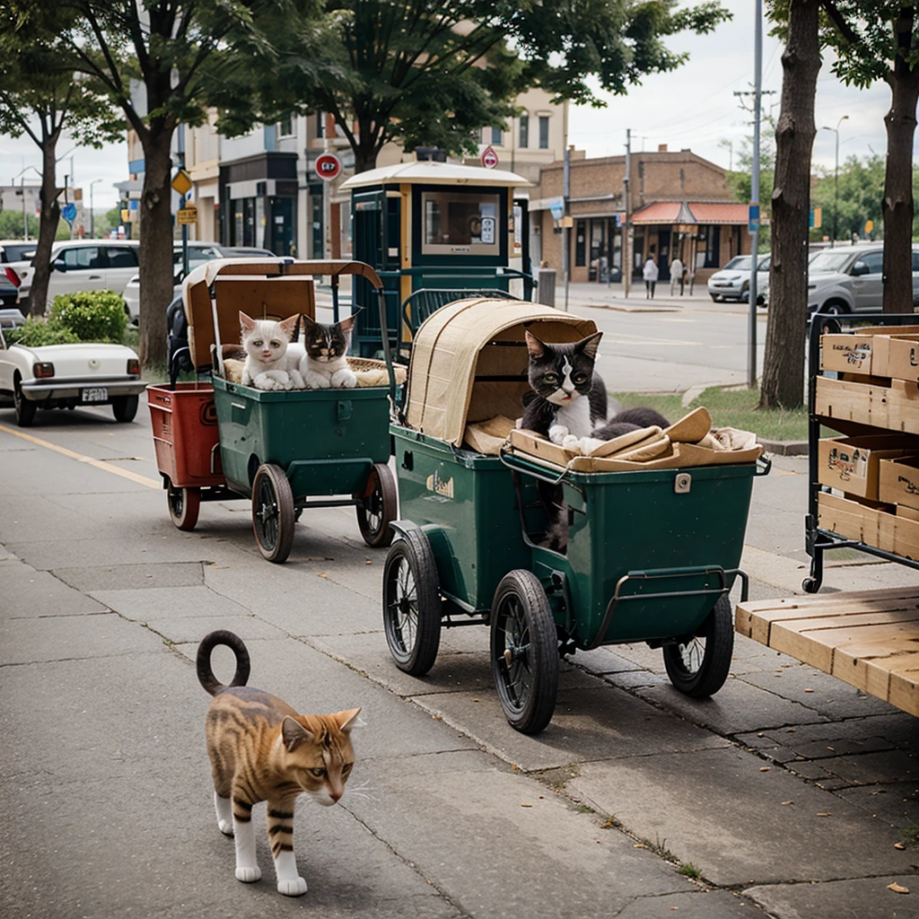 A kitten ran among the carts in town