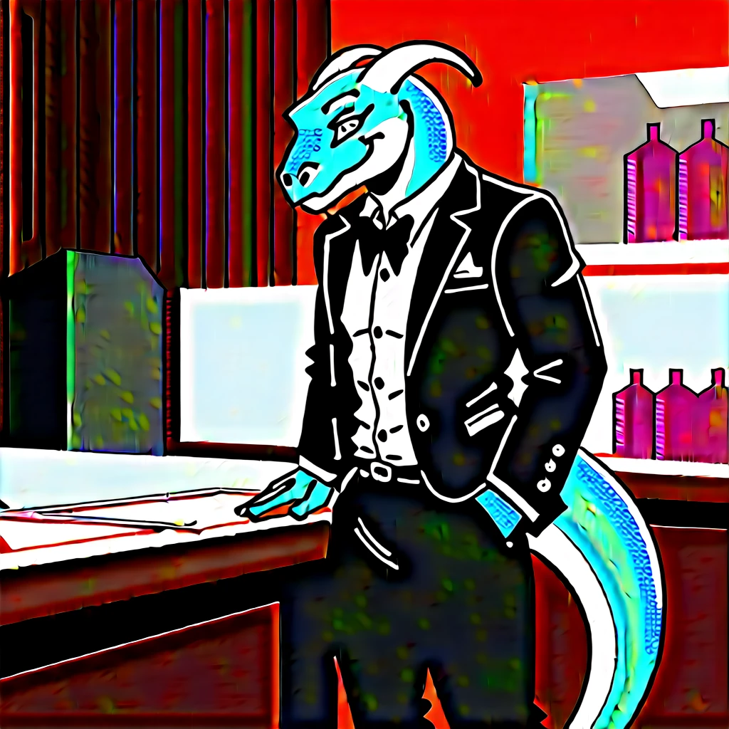 (Young Lizardman、Bar Master、Standing behind the counter、Clasp your hands in front of you)Blue body、Tuxedo suit、Friendly smile、A toned, mechanical body、Two white horns、Sparkling blue eyes、Dark Tavern、Inside the store、cool、front