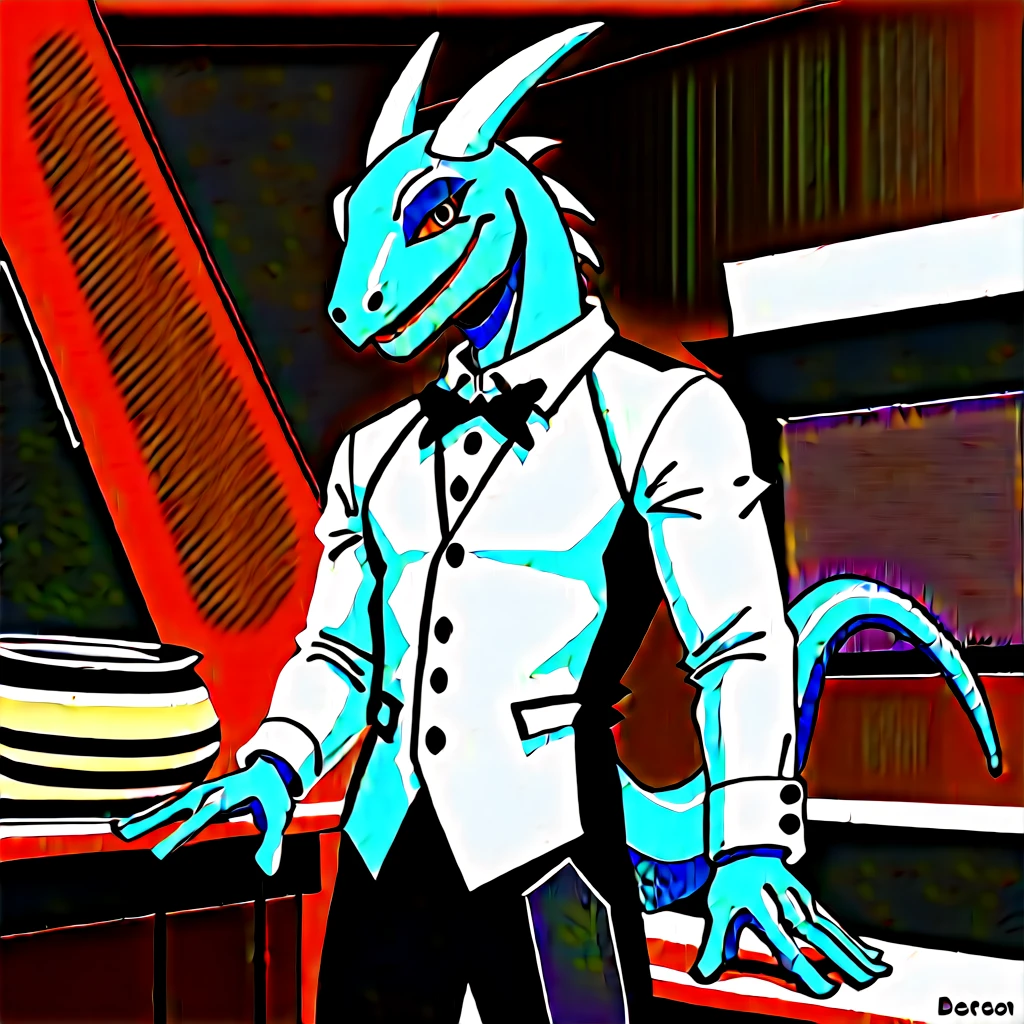 （Young Lizardman、Bar Master、Standing behind the counter、Clasp your hands in front of you）Blue body、Tuxedo suit、Friendly smile、A toned, mechanical body、Two white horns、Sparkling blue eyes、Dark Tavern、Inside the store、cool、front