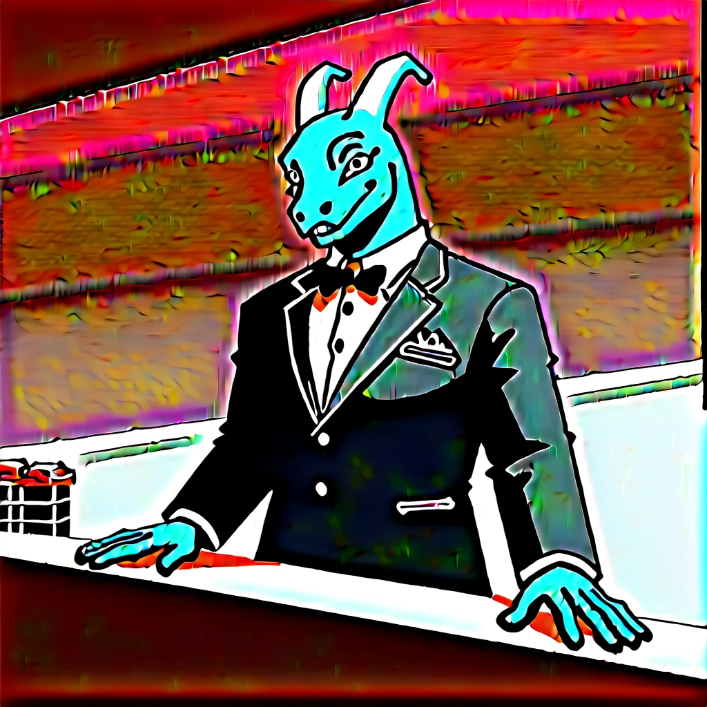 (Young Lizardman、Bar Master、Standing behind the counter、Clasp your hands in front of you)Blue body、Tuxedo suit、Friendly smile、A toned, mechanical body、Two white horns、Sparkling blue eyes、Dark Tavern、Inside the store、cool、front
