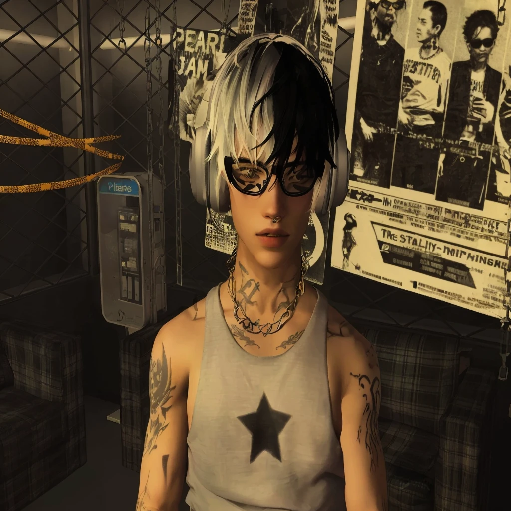 there is a men with an angel tattoo on her arm, eyeglasses punk guy, realistic