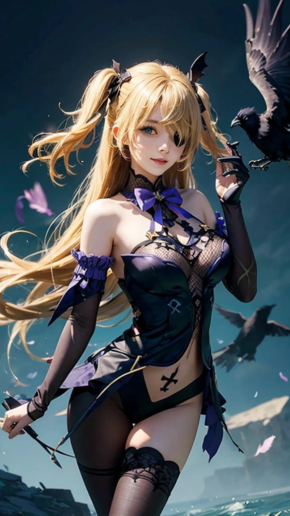 masterpiece, best quality, fischl \(genshin impact\), (large crow,crow, bird,:1)1 girl, smile, (big breasts and exposed breasts),eyepatch, two side up, blonde hair, long hair, hair ornament, hair over one eye, green eyes, ribbon, bow, bowtie, bare shoulders, gloves, black pantyhose, qarter straps, fishnet bodysuit, a slim navel, femoral, Erecting