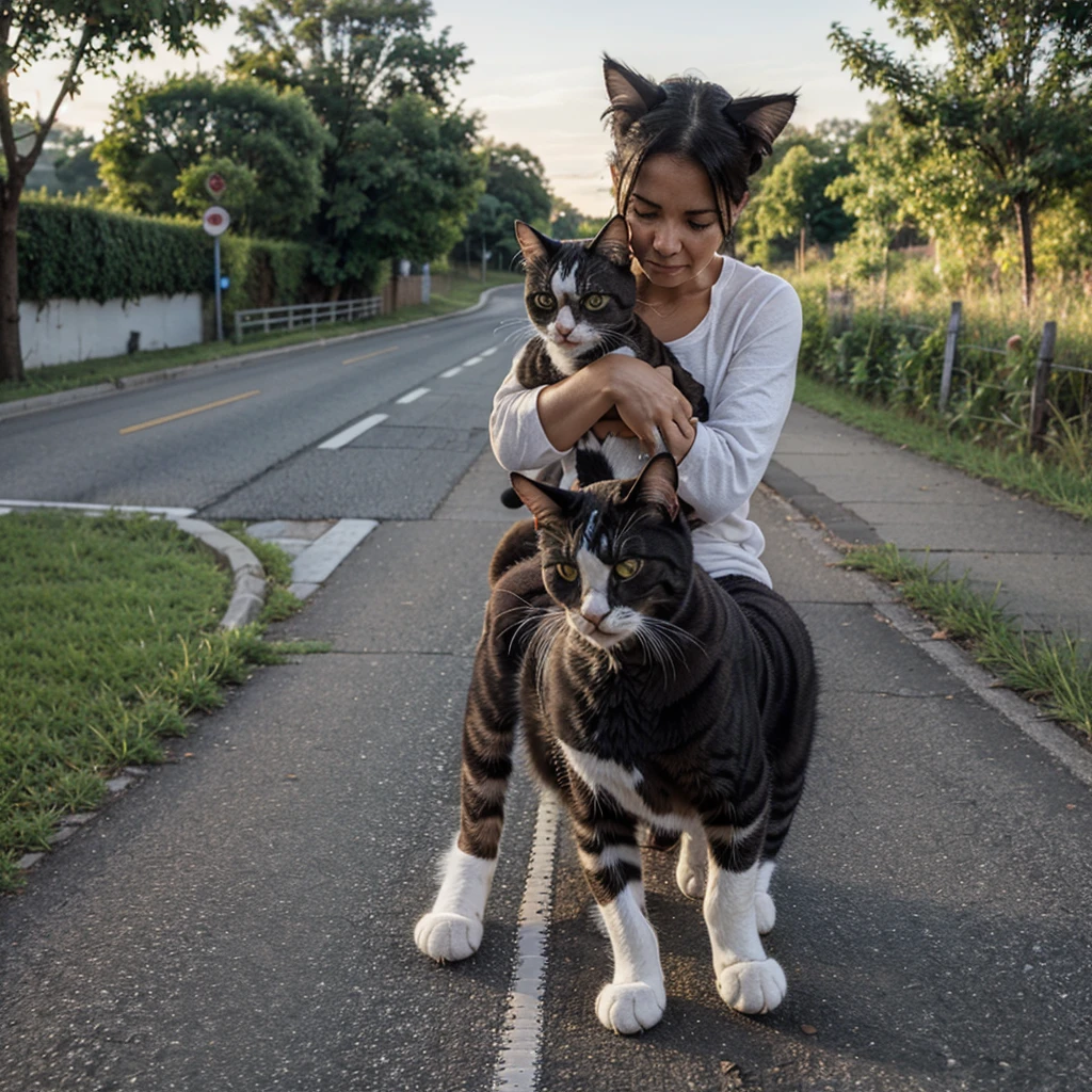 A cat was crying and scared and ran along the road