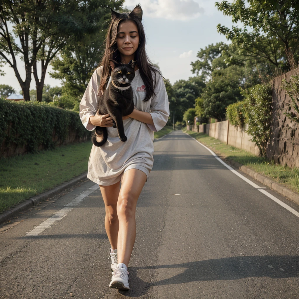 A cat was crying and scared and ran along the road