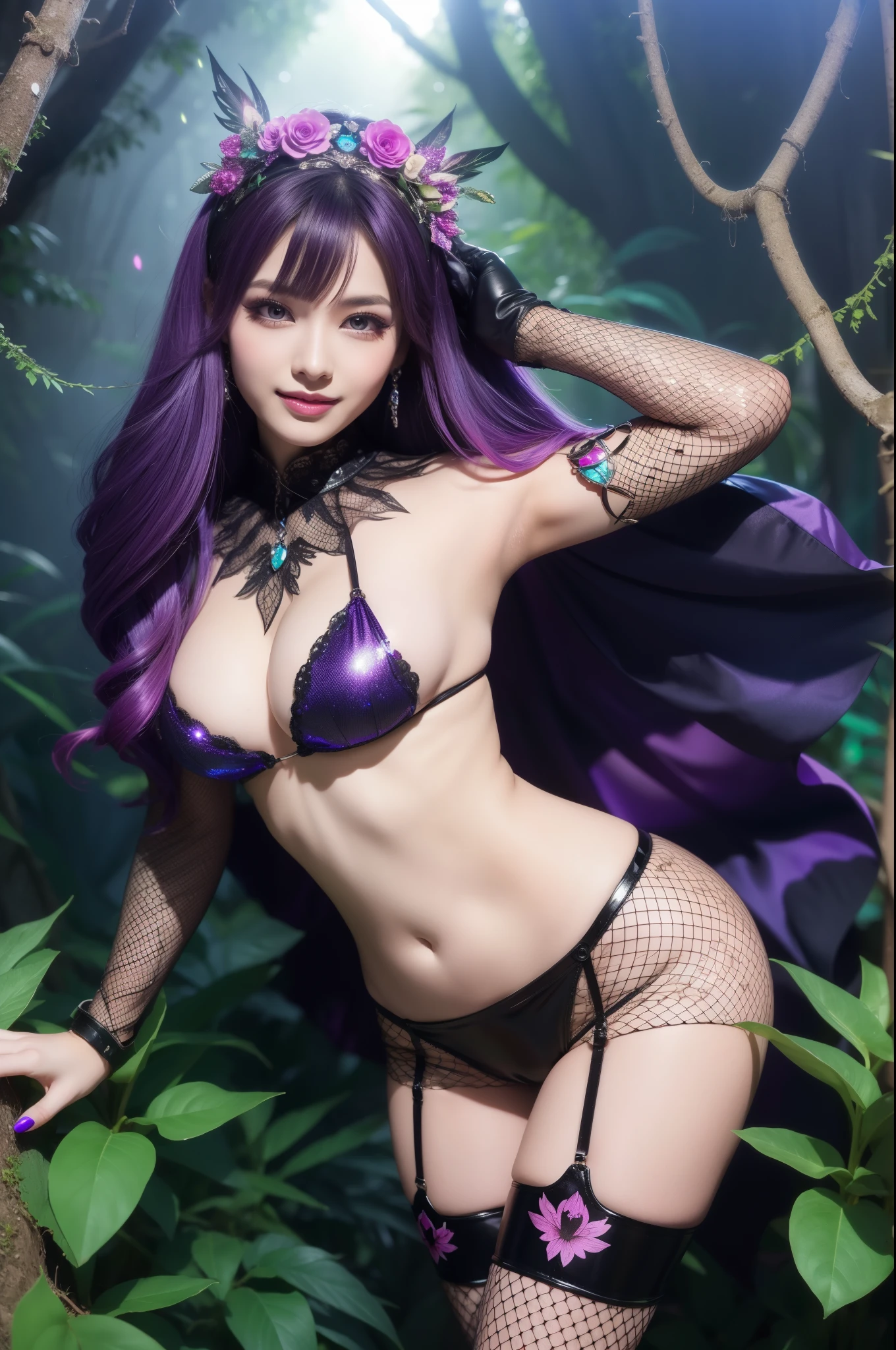 sexy stylish female who controls poison、beautiful smile、lip-gloss、long lashes、dramatic makeup、look at the camera、full body Esbian、、sparkling poisoned enchanted flower costume、、、、shiny sparkling multicolor hair、secrete poison、skull hair accessories、fishnet tights、shiny sparkling dark magic forest background