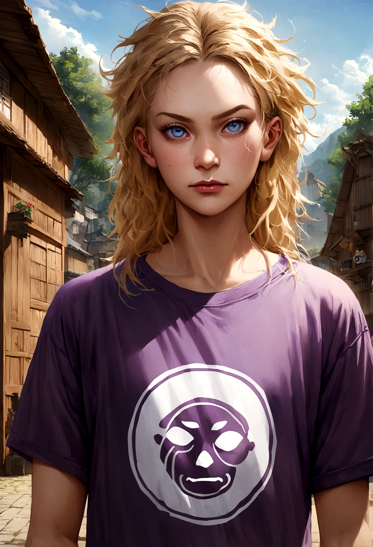 a realistic person with a fair complexion, blue eyes, blonde messy hair, and a stern expression. He wears a casual purple T-shirt with a white design on it, giving off a modern, carefree vibe and background naruto village.