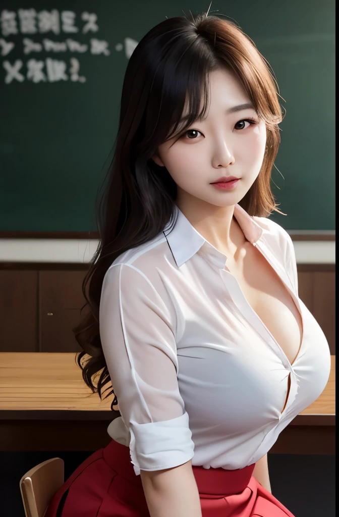 Beautiful, mother-in-law, japanese, voluptuous, unbuttoned shirt, tube skirt, Classroom, seductive expression,