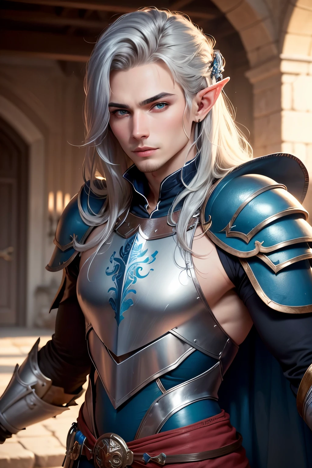 ((best quality)), ((masterpiece)), (detailed), Prize-winning works, with incredible details, maximum textures and details, uhd ,8K,super resolution ,depth of field, retina, masterpiece, anatomically correct, textured skin, super detail, high details, highres ,1 Male elf fantasy warrior adventurer ,long gray hair ,face ultradetailed ,blue colored eyes, wide chin,a slight charming smile , wearing medieval blue armor , blue gauntlets and gloves, black green breastplate,blue and silver long cape ,fully body, hyper-detailed piercing eyes ,blue heavy armor (25 year old young man :1.1,detailedeyes, face detailed, whole body:1.1,the bottom is a deep valley ),(best qualityer:1.2,ultra detali:1.1,realisitic:1.37) ,eyeshadows,sharp focus,swirly vibrant colors,)