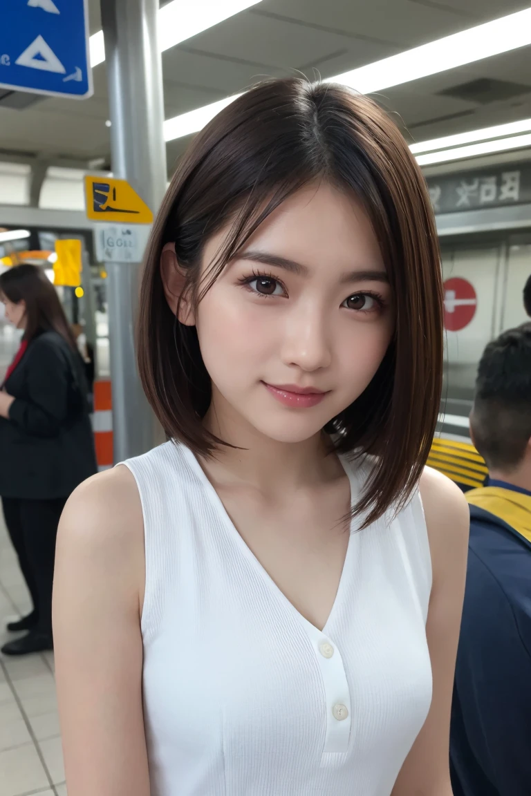 (8K、Raw photo、Highest quality、masterpiece:1.2)、(Realistic、Photorealistic:1.37)、Ultra-detailed、Ultra-high resolution、1 girl、Seeing the viewer、Beautifully detailed face、Laughter、narrow、(Slim waist) :1.3)、shortcut、Beautifully detailed skin、Skin Texture、Floating Hair、Professional Lighting、Waiting for the train on the platform、Black-rimmed square glasses 、Human whole body、Brown Hair