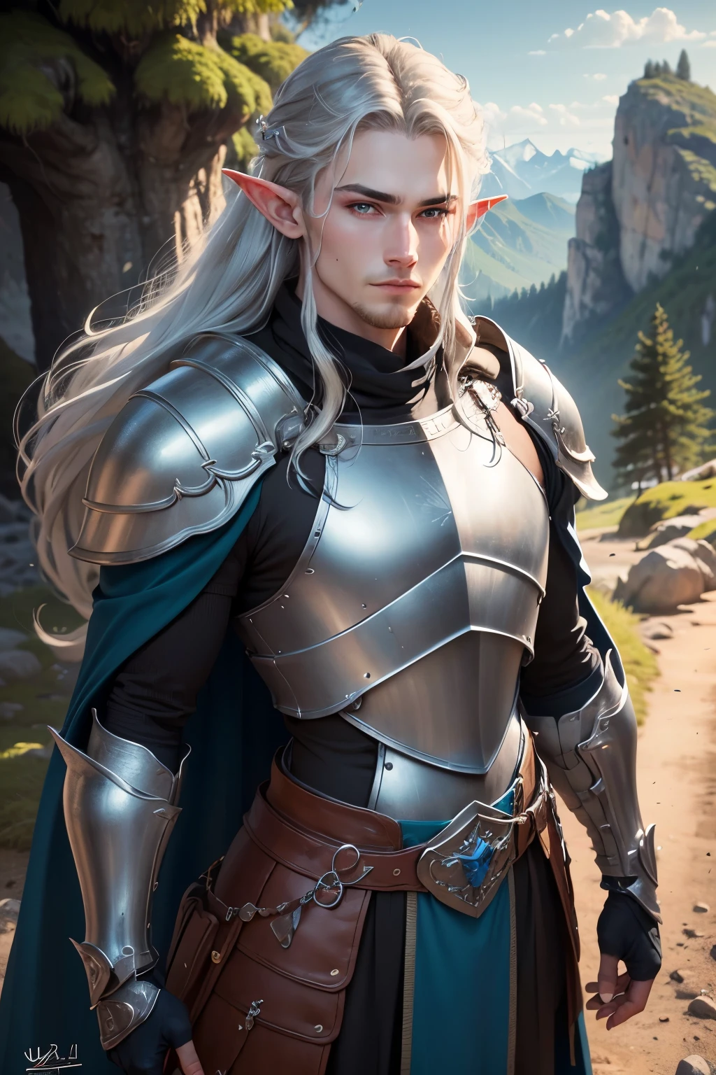 ((best quality)), ((masterpiece)), (detailed), Prize-winning works, with incredible details, maximum textures and details, uhd ,8K,super resolution ,depth of field, retina, masterpiece, anatomically correct, textured skin, super detail, high details, highres ,1 Male elf fantasy warrior adventurer ,long gray hair ,face ultradetailed ,blue colored eyes, wide chin,a slight charming smile , wearing medieval blue armor , blue gauntlets and gloves, black green breastplate,blue and silver long cape ,fully body, hyper-detailed piercing eyes ,blue heavy armor (25 year old young man :1.1,detailedeyes, face detailed, whole body:1.1,the bottom is a valley ,mountains and forest ),(best qualityer:1.2,ultra detali:1.1,realisitic:1.37) ,eyeshadows,sharp focus,swirly vibrant colors,)