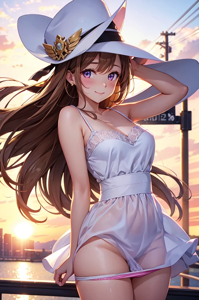 satin, silk, ((pink panty)), (High quality, High resolution, Fine details), setting sun, Backlight, A straight stretch of railroad track, White Dress, White Hat, solo, curvy women, light brown hair, sparkling eyes, (Detailed eyes:1.2), smile, blush, Sweat, Oily skin, shallow depth of field, Fantastic
