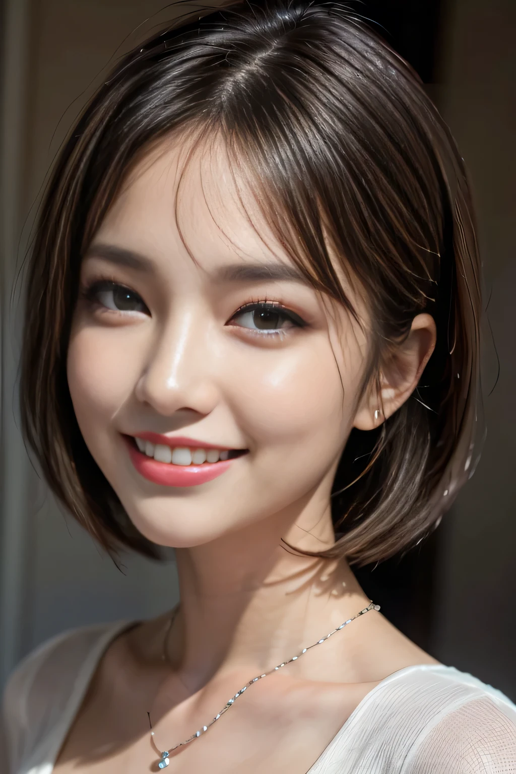 ((One ultimate beauty)), mature, Beautiful Face, Detailed lips, Beautiful eyes in every detail, double eyelid, Long eyelashes、grin, ((Beautiful teeth alignment)), Captivating Gaze、Captivating smile, Very short brunette bob、eyelash、Elegant eyeshadow、Seductive makeup、Seductive gestures、Captivating look、((An elegant red and black dress with intricate details))、(Large Breasts), high quality、High resolution、(Written boundary depth)、(chromatic aberration)、necklace、耳Nipple Ring、bracelet、RAW Photos、Realistic、(masterpiece)、Realistic、Masseter region, 最high quality,Hyper Detail,(Detailed eyes and face) charm:Natural Makeup,View your viewers, alone, ((Cowboy Shot))
