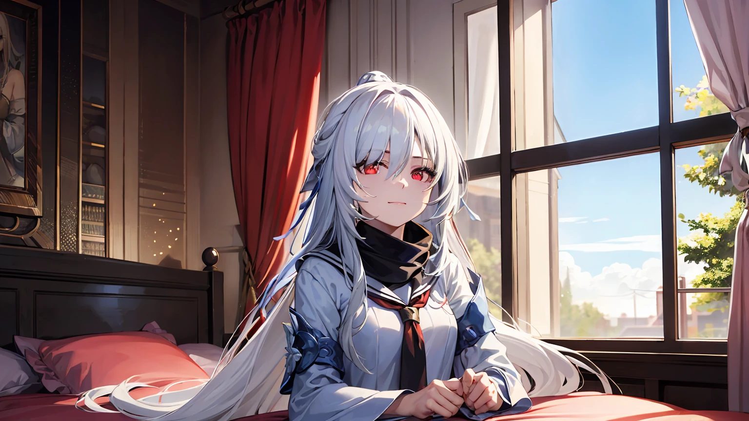 masterpiece, best quality, JingliuV5, white hair, long hair, red eyes, white dress, white sailor collar, white scarf, sitting on bed, indoors, bedroom, windows, blue sky, warm smile, upper body. closed mouth,