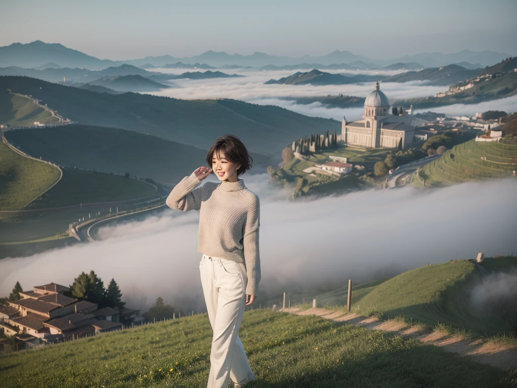 8k best picture quality, Beautiful 36-year-old Korean woman, clear and nice weather. Chest size 34 inches, italian countryside , Past the vineyards, the cathedral can be seen in the distance in the fog.., The back background is realistic and vivid image quality, Short and medium hair blowing in the wind, Wearing high-end luxury knitwear. casual pants, Smile. the background is clear, Short and slim Korean woman, stand far away, Photo taken with a wide-angle lens, short hair blowing in the wind. A woman standing on a hill