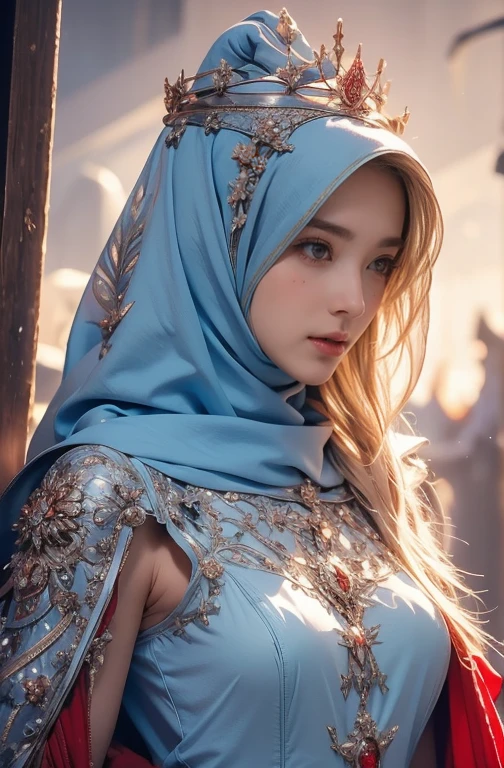 Elegant armor,princess, Full body, wearing a hijab , crown luxury , blue eye, blond hair, around 17 years old, (red silver hijab), tmasterpiece，Best quality at best，A high resolution，8K，((Portrait))，(upper body)，Original photo，real photograph，digital photography, (Medieval angel princess in fantasy style), sexy princess ，blue eye， super colossal breast, pointy colossal breast extravagant ornament，cparted lips，Keep your mouth shuegant and charming，((Blushing))，virgin content，Calm and handsome，(Medieval fantasy armor, The Beautiful super pointy breast, small waist, perfect colossal breast of princess body, a blue delicate pattern，red Cloak)，(anhelic princess character medieval fantasy style，oc render reflection texture, sexy style,  sexy colossal breast , medieval castle background, slim body, very small waist, (luxury armor pattern) , super slim , sexy style, angel 4 wings