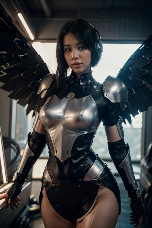 Beautiful short sexy hourglass figure sundanese german taiwanese mix woman 20yo with ((biomechanic)) armor (tentacle as wings)) with super realistic and well detailed black hair shiny ( cyber punk action pose detailed face detailed armor features breath taking monster cave background