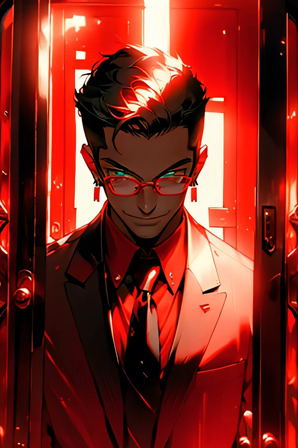 (red theme, red gradient,:1.2) redshift,red, One, Looking at the viewer, smile, short hair, shirt, black hair, 1 boy, jewelry, jacket, upper body, male focus, earrings, tie, glasses, collared shirt, luminous, formal, suit, red tie, luminous eyes, mirror, door, open door, doorway, opening door   