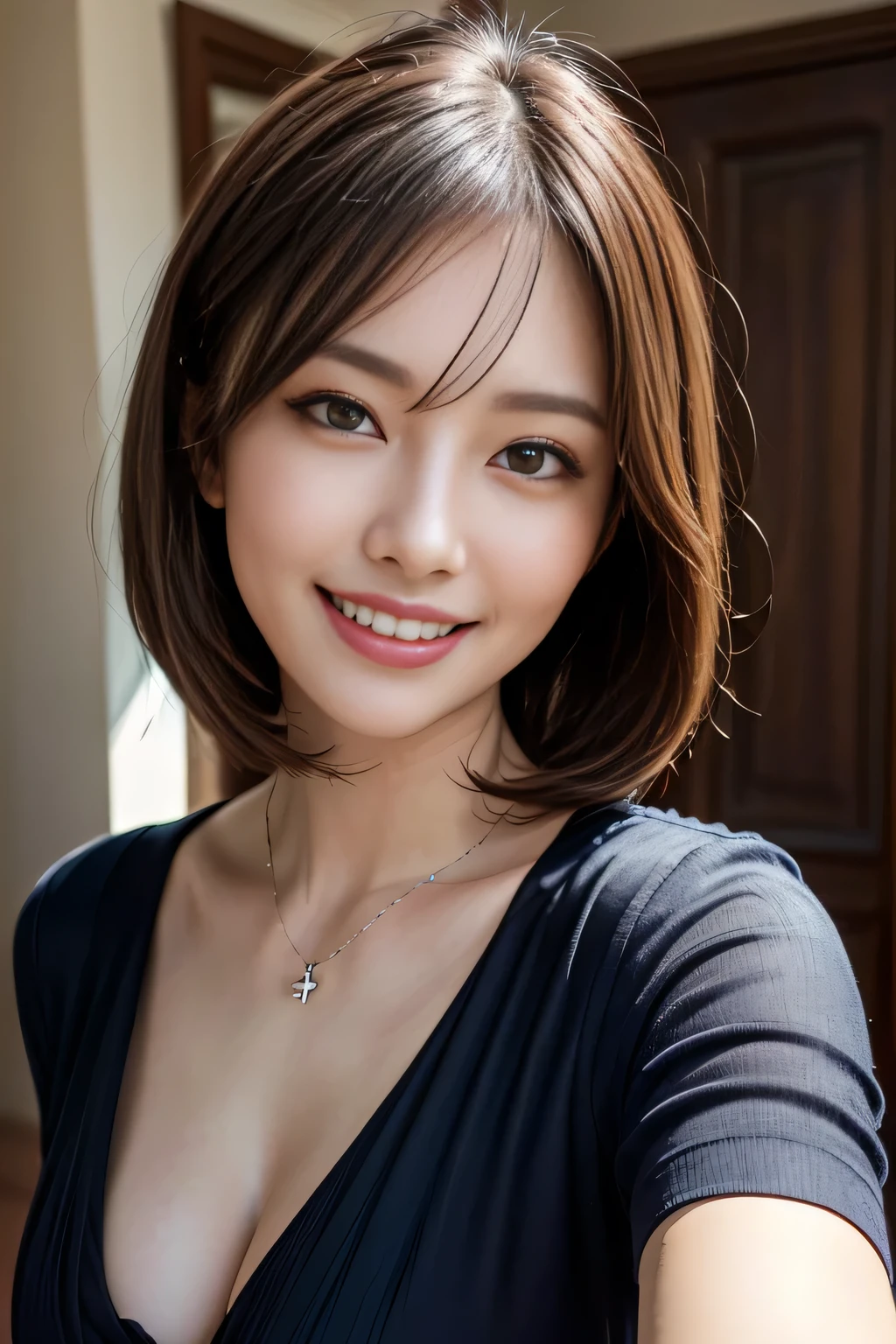 ((One ultimate beauty)), mature, Beautiful Face, Detailed lips, Beautiful eyes in every detail, double eyelid, Long eyelashes、grin, ((Beautiful teeth alignment)), Captivating Gaze、Captivating smile, Very short brunette bob、eyelash、Elegant eyeshadow、Seductive makeup、Seductive gestures、Captivating look、((An elegant red and black dress with intricate details))、(Large Breasts), high quality、High resolution、(Written boundary depth)、(chromatic aberration)、necklace、耳Nipple Ring、bracelet、RAW Photos、Realistic、(masterpiece)、Realistic、Masseter region, 最high quality，Hyper Detail，(Detailed eyes and face） charm:Natural Makeup，View your viewers, alone, ((Cowboy Shot))