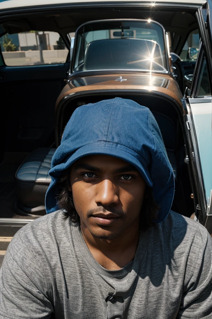Man with brown eyes, blue eyes, dark skin in front of a lowrider car in California 