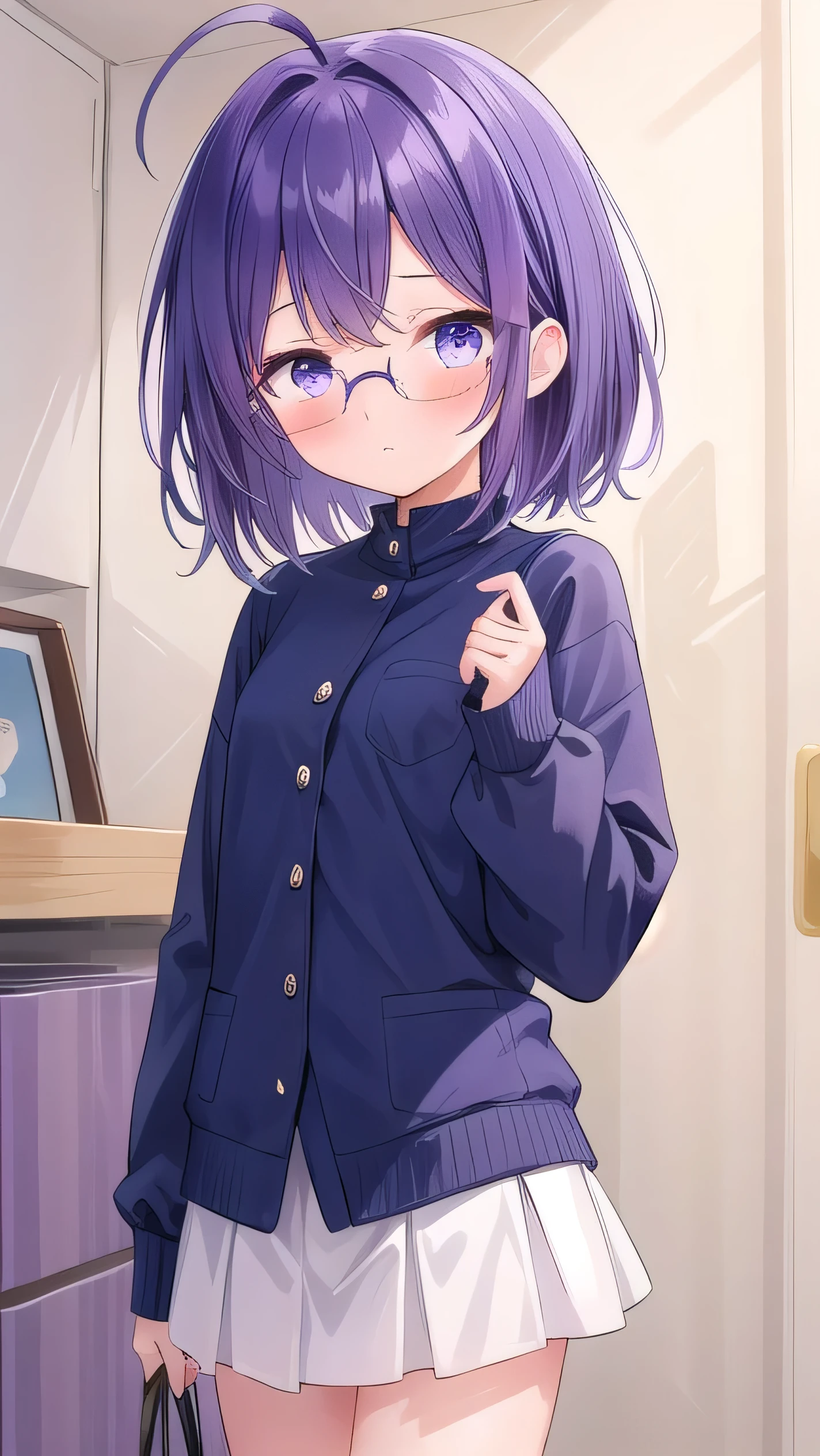 (Purple hair:1.4), gray eyes, white , navy blue miniskirt, 11 years old, short, short long hair, kind expression, shy, , almost no breasts, slightly exposed. hair,(flipped hair ), flipped hair, long sleeves, ahoge, girl alone, flipped hair, flipped hair, flipped hair, flipped hair, glasses with no edges, embarrassed, flat chest