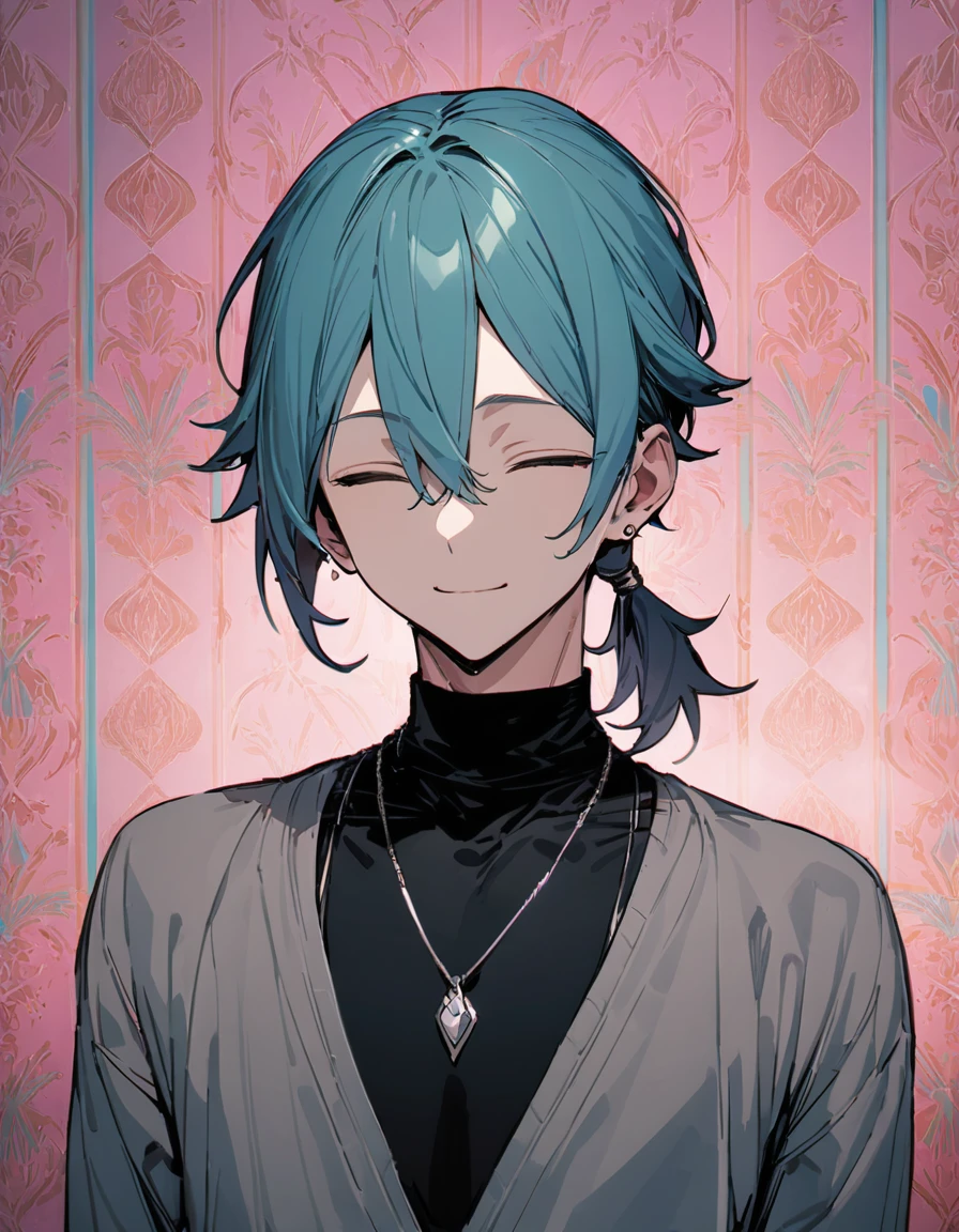 ((((best masterpiece, best quality, wallpaper,)))) solo, guy, male body, small muscles, flat chest, 1male, 30 years old, handsome man, upper body, looking at viewers, beautiful detailed, seductive smile, mediumturquoise hair, ((((Lower short ponytail)))), asymmetrical bangs, ((short hair,)) (((light smile, closed eyes, tareme, droopy eyes,))) (((perfect face,))) perfect hands, sharp nose, clear face, black turtleneck, grey cardigan, ((silver piercing, pendant,)) leggings, pink background color ultrasharp, 8K, masterpiece,