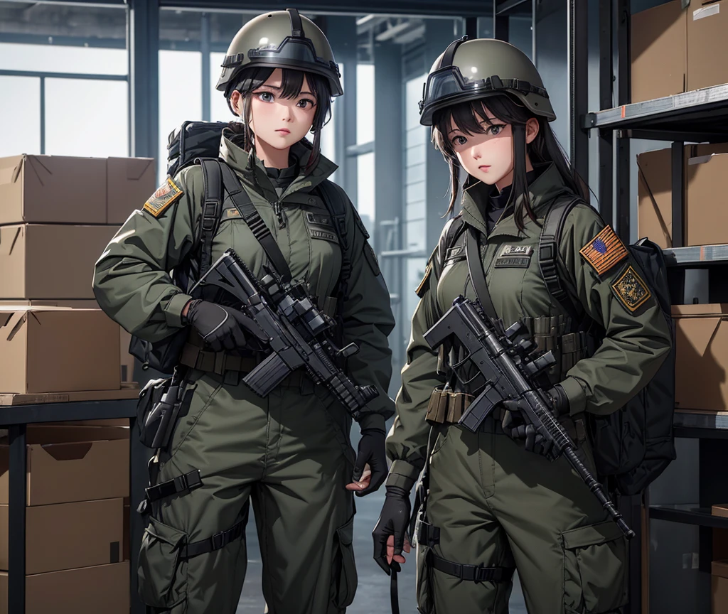 A group of female soldiers in dark gray military uniforms、Wear a steel helmet、Military Pants、Tactical shoulder strap、Magazine Pouch、Indoor warehouse、Patrol with guns、Write details、masterpiece、best quality、Highly detailed CG、8K picture quality