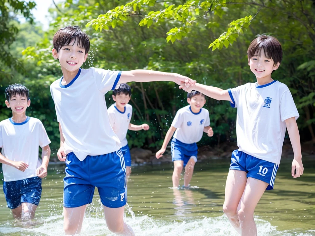 In the forest、Swimming in the river、Cool and refreshing water、Cute boy、Popular actors、10Year old boy、The boys are playing、Get wet all over、Noisy boys、Splashing Water、Boy in gym clothes、The bottom of the white T-shirt is blue、Blue shorts、Japanese、(Boy 1.4)