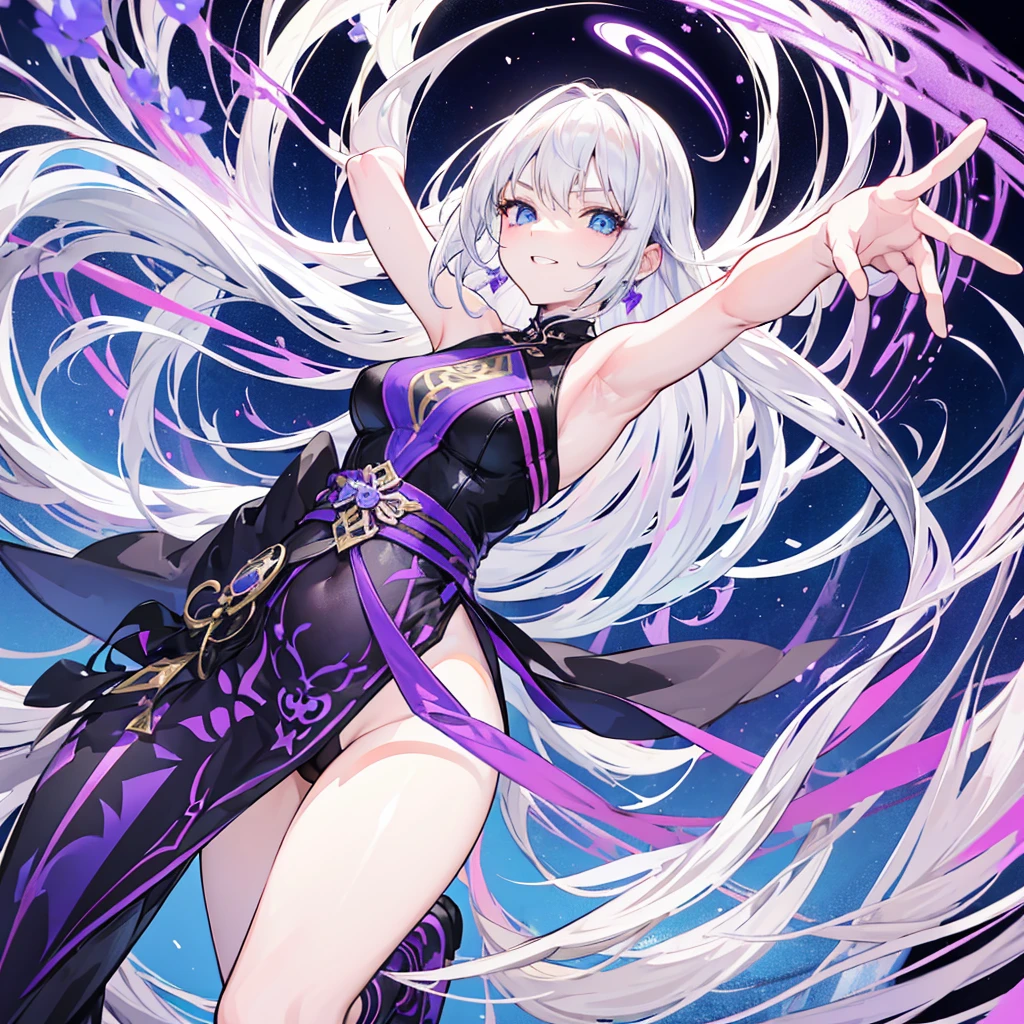 a female with white hair and blue eyes, she is wearing black purple gold in the style of cool and cute , laughing out loud while holding her hands up to block something, performing a dynamic acrobatics dance move, her body flipping and twisting with incredible agility., background has golden sun symbols, dark violet flowers on a kung fu pattern . white outline border on all sides , high contrast , bold lines , flat colors , high resolution , sharp focus , 2d , flat ,