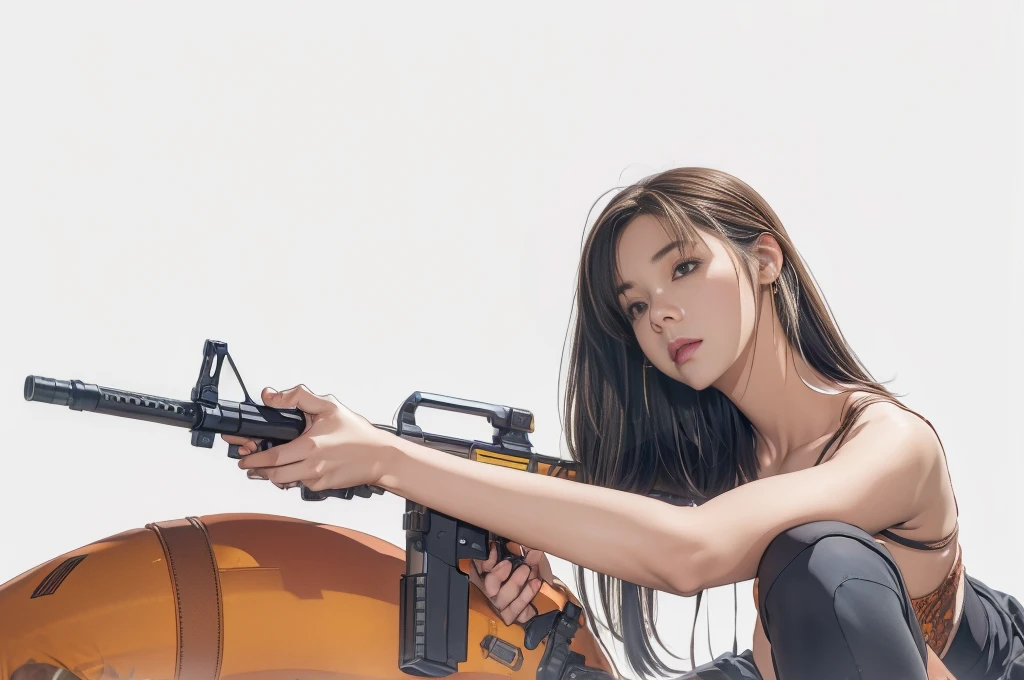 Elaizaikedareal, 1girl, solo, short hair, skirt, blonde hair, red eyes, gloves, ponytail, weapon, pantyhose, hairband, boots, holding weapon, gun, black pantyhose, rifle, one knee, sniper rifle, scope, shell casing