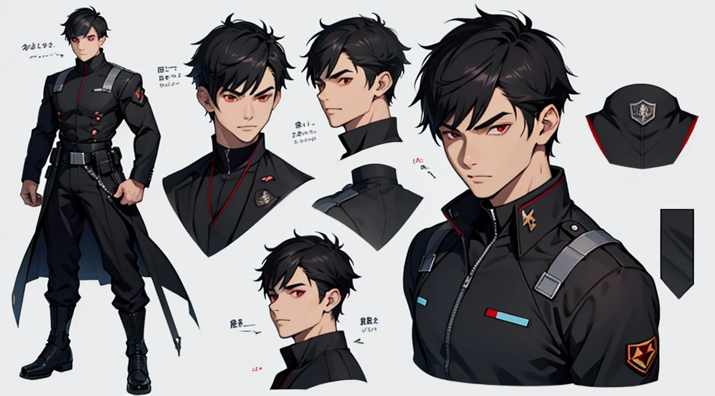 Character design sheet、boy、Smart black military uniform、Short Hair、Detailed face、Red Eyes、Powered Suit