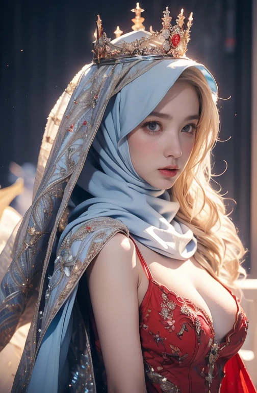 Elegant armor,princess, Full body, wearing a hijab , crown luxury , blue eye, blond hair, around 17 years old, (red silver hijab), tmasterpiece，Best quality at best，A high resolution，8K，((Portrait))，(upper body)，Original photo，real photograph，digital photography, (Medieval angel princess in fantasy style), sexy princess ，blue eye， super colossal breast, pointy colossal breast extravagant ornament，cparted lips，Keep your mouth shuegant and charming，((Blushing))，virgin content，Calm and handsome，(Medieval fantasy armor, The Beautiful super pointy breast, small waist, perfect colossal breast of princess body, a blue delicate pattern，red Cloak)，(anhelic princess character medieval fantasy style，oc render reflection texture, sexy style,  sexy colossal breast , medieval castle background, slim body, very small waist, (luxury armor pattern) , super slim , sexy style, angel 4 wings