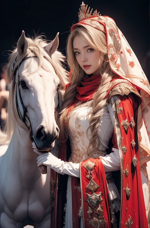 Elegant armor,princess, Full body, wearing a hijab , crown luxury , blue eye, blond hair, around 17 years old, (red silver hijab), tmasterpiece,Best quality at best,A high resolution,8K,((Portrait)),(upper body),Original photo,real photograph,digital photography, (Medieval angel princess in fantasy style), sexy princess ,blue eye, super colossal breast, pointy colossal breast extravagant ornament,cparted lips,Keep your mouth shuegant and charming,((Blushing)),virgin content,Calm and handsome,(Medieval fantasy armor, The Beautiful super pointy breast, small waist, perfect colossal breast of princess body, a blue delicate pattern,red Cloak),(anhelic princess character medieval fantasy style,oc render reflection texture, sexy style, sexy colossal breast , medieval castle background, slim body, very small waist, (luxury armor pattern) , super slim , sexy style, angel 4 wings
