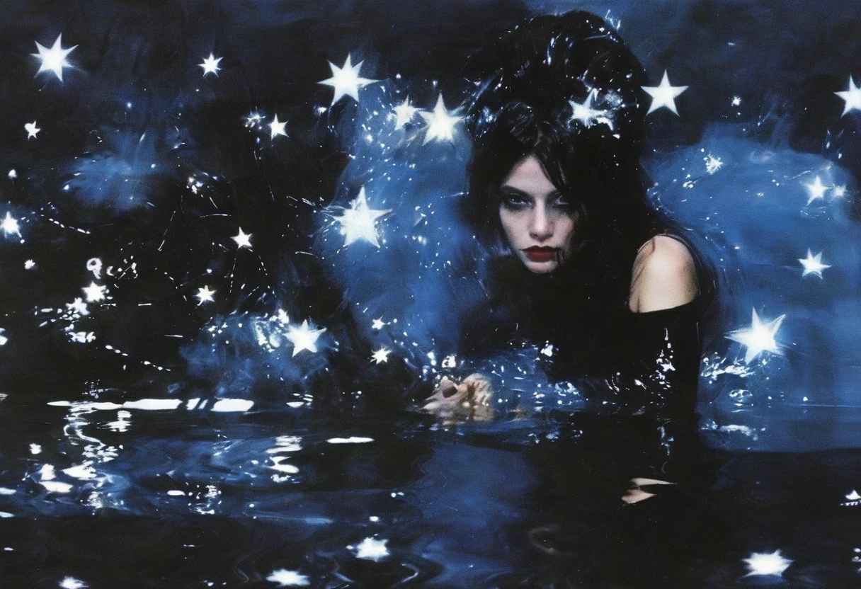 witch in water, stars background