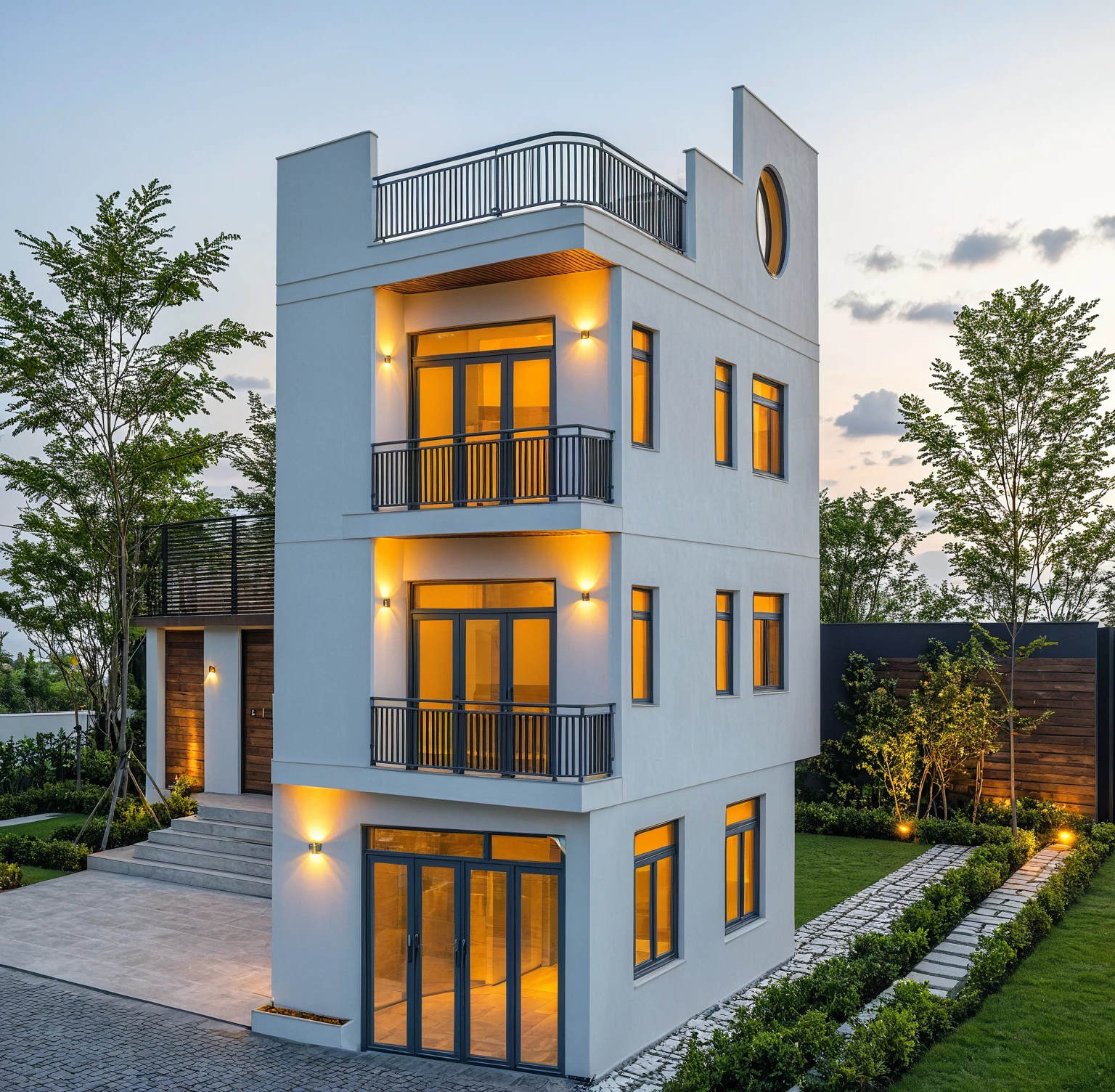 Masterpiece, high quality, best quality, authentic, super detailed, outdoor, aiaigroup, modern townhouse style, stairs, white wall combined with wood, wind encaustic tiles, iron gate, conwood ceiling, flowers, path, summer evening, grass, trees, sky, clouds, (daylight: 1.1)
